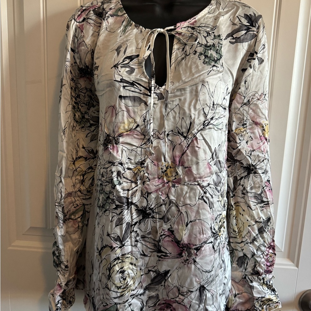 WHBM Floral Tie-Neck Long Sleeve Blouse - Cream with Pink & Black Floral